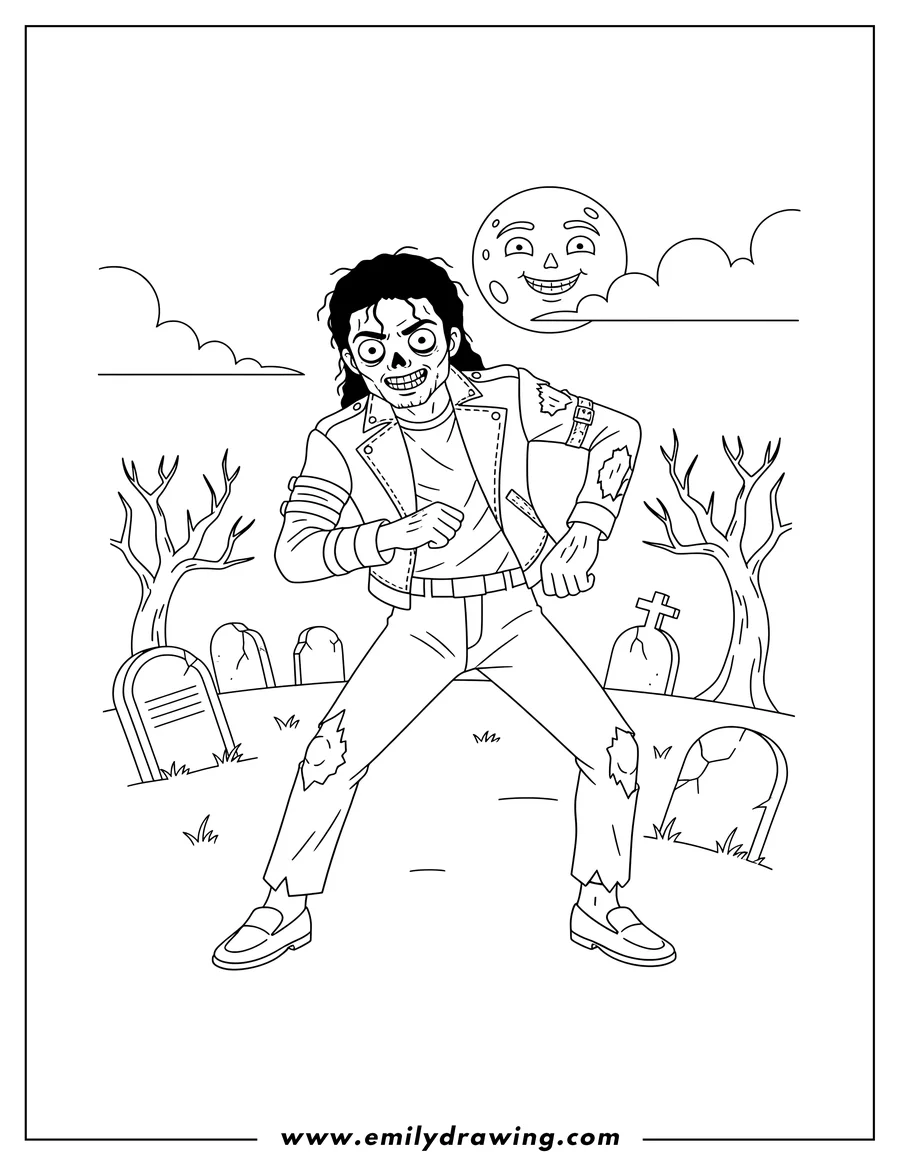 Free printable coloring sheet of zombie Michael Jackson in his iconic Thriller jacket performing the Thriller dance in a cemetery