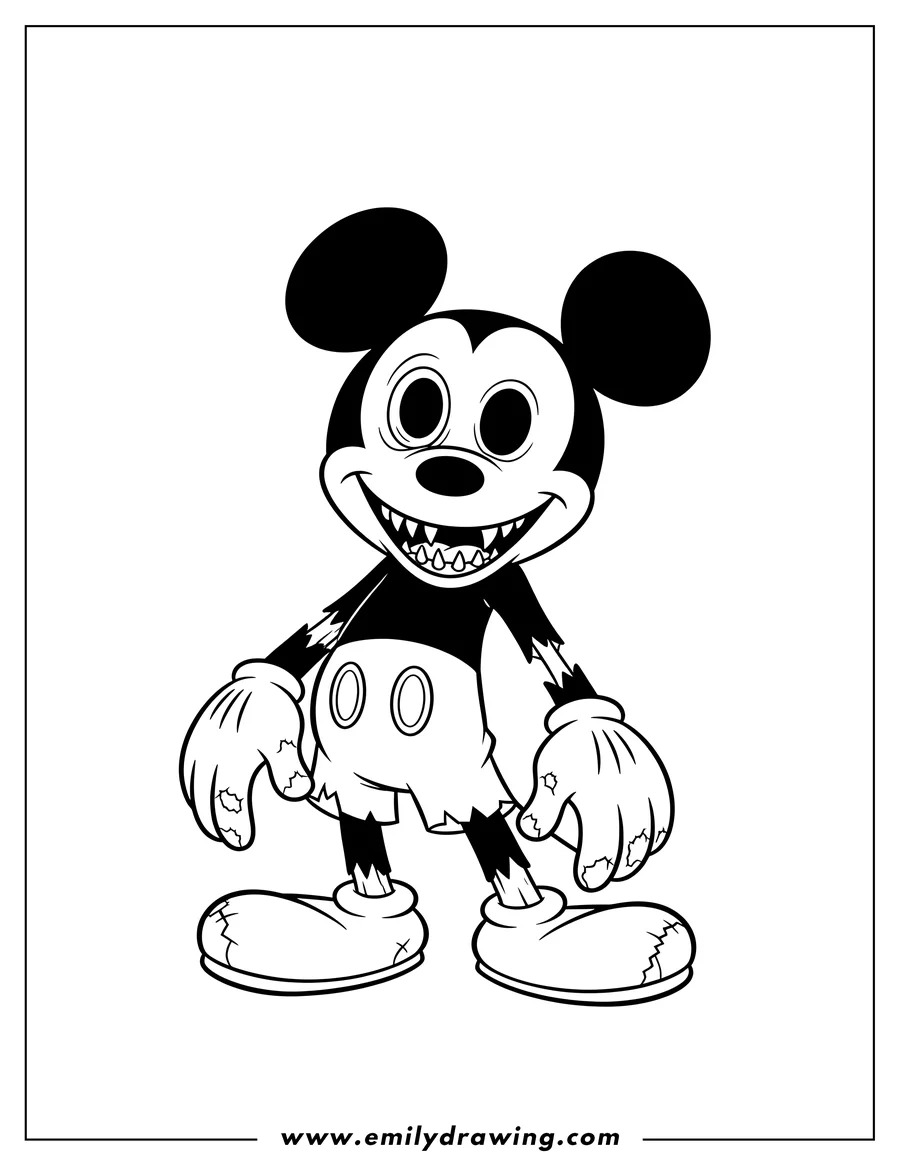 High quality printable zombie Mickey Mouse standing with a large empty eye, visible teeth, and tattered shorts for coloring