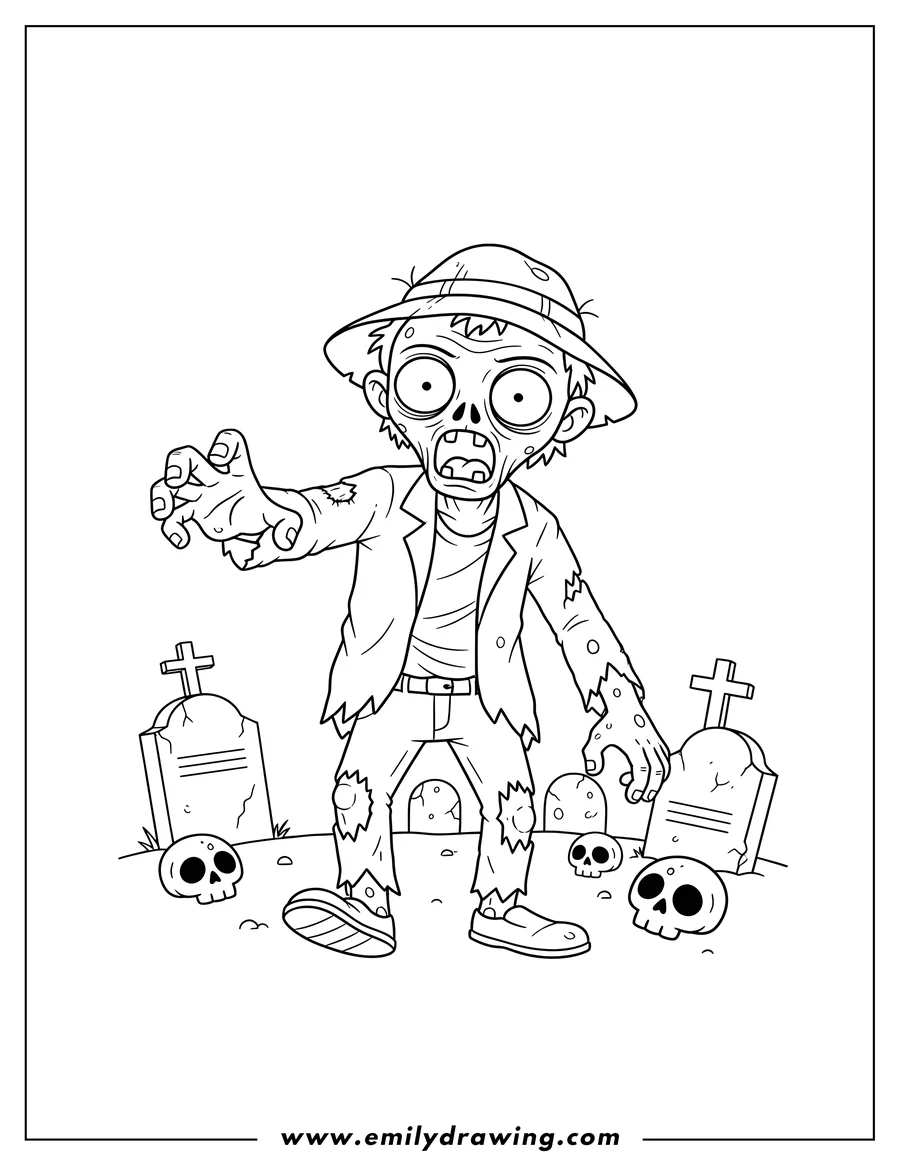 Doodle style coloring picture of zombie Walking with Extended Arm, Wide Eyes, and Open Mouth Through Cemetery Full Skulls