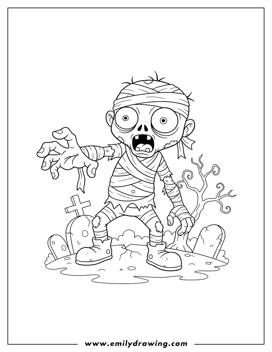 Printable coloring page of zombie With Bandages, mouth open and one arm outstretched, walking out of a graveyard