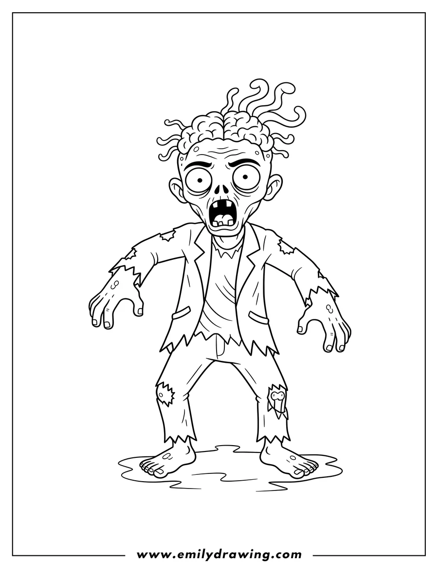 Linear illustration of zombie With Brains Out And Tattered Clothes, shambling with arms outstretched and mouth open