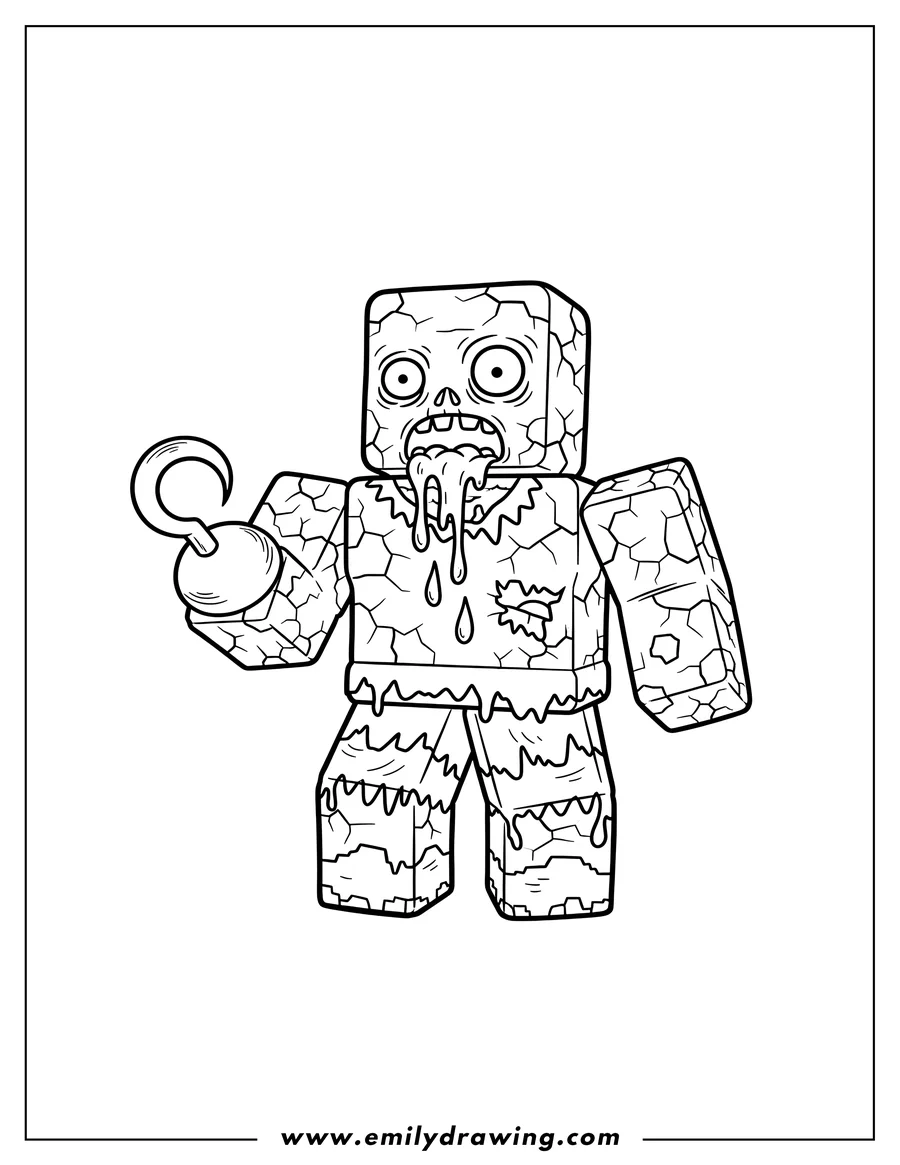 Coloring sheet featuring roblox Zombie Skin Scaled character with a hook arm and dripping mouth