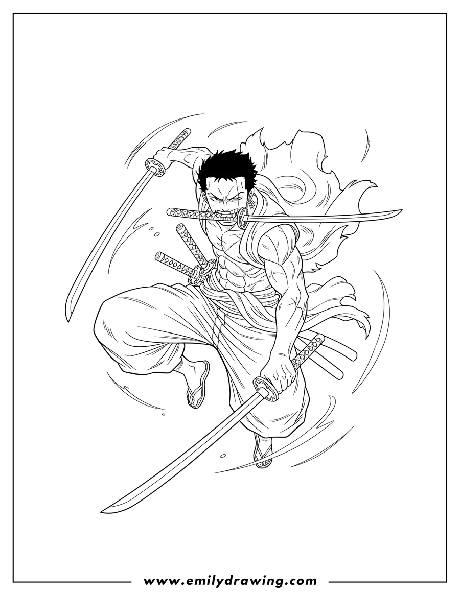 Printable coloring page of zoro Using Three Swords Battle with a sword in his mouth, in a dynamic mid-air pose