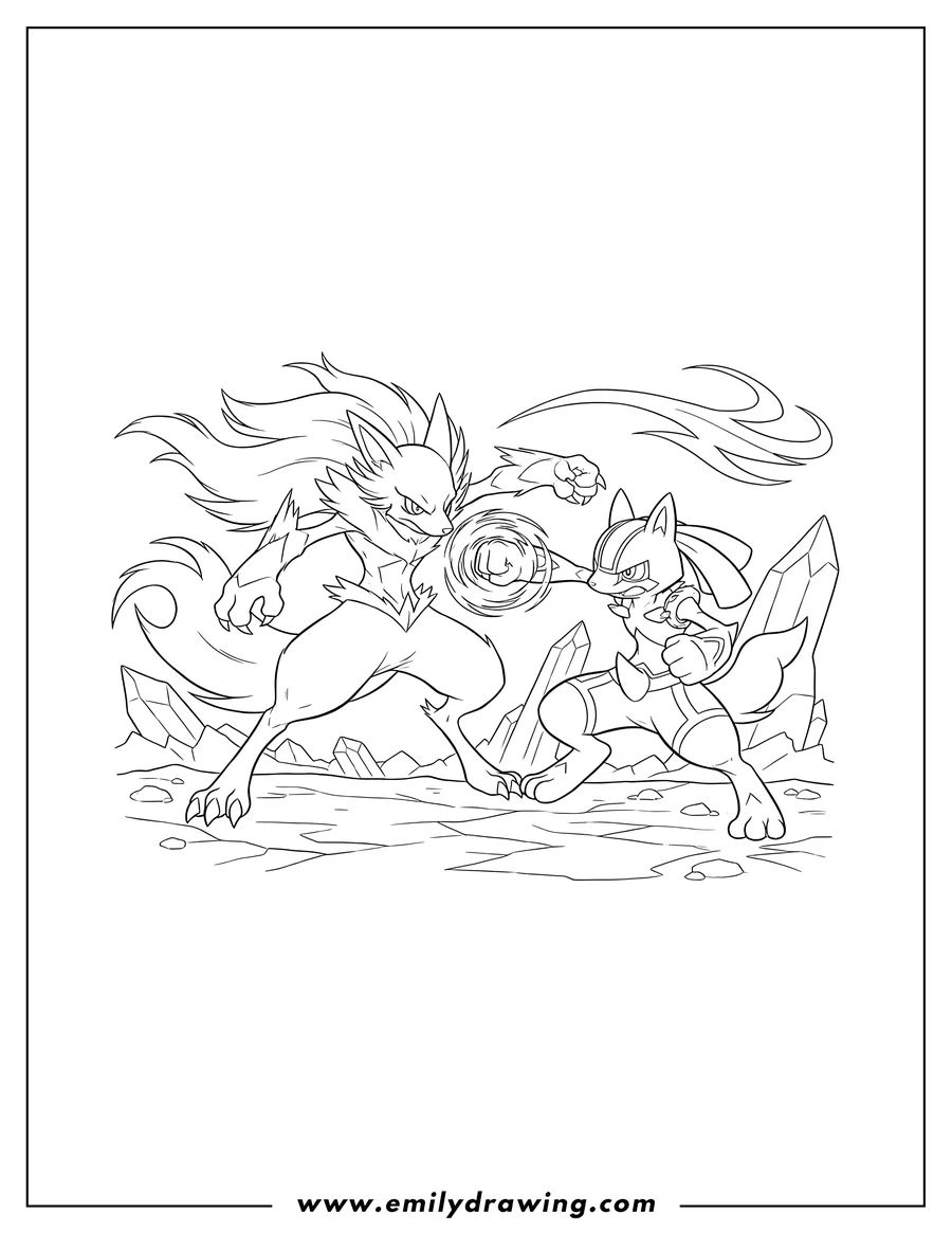 Simple sketch of zoroark Fighting Lucario, Lucario attacking with a punch to color