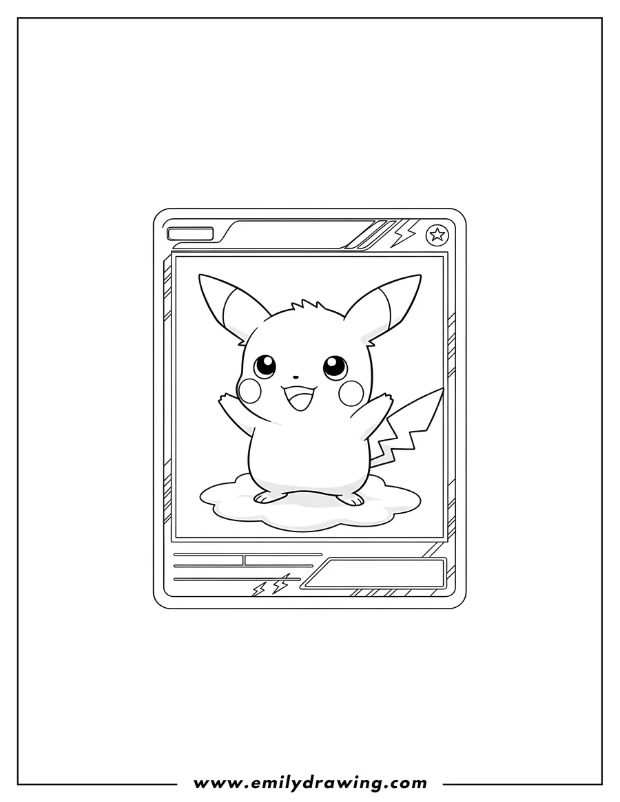 Vector style outline of zzzap Pichu Pokemon Card coloring page with a happy baby Pichu