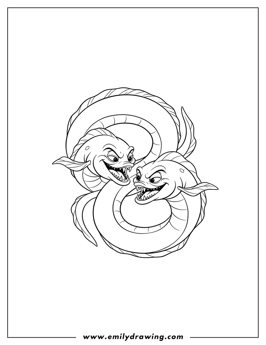 Outline of two serpentine eels with sharp teeth and wide grins, facing each other with winding bodies.