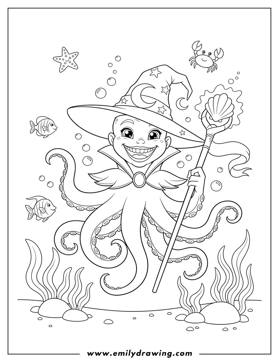 Line art of an octopus wearing a wizard hat with stars and a crescent moon, holding a staff topped with a seashell, all underwater with fish, a starfish, a crab, bubbles, and seaweed.