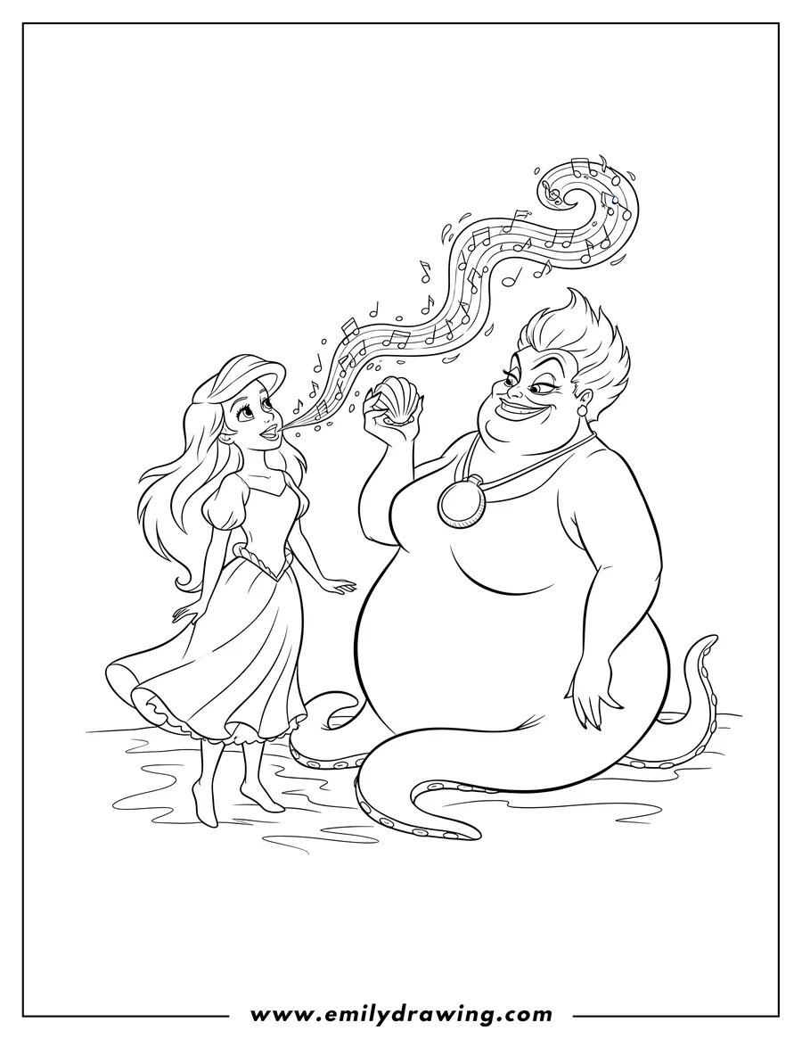 Line art of Ursula the sea witch holding a seashell, with Ariel standing nearby, singing, and music notes floating between them.