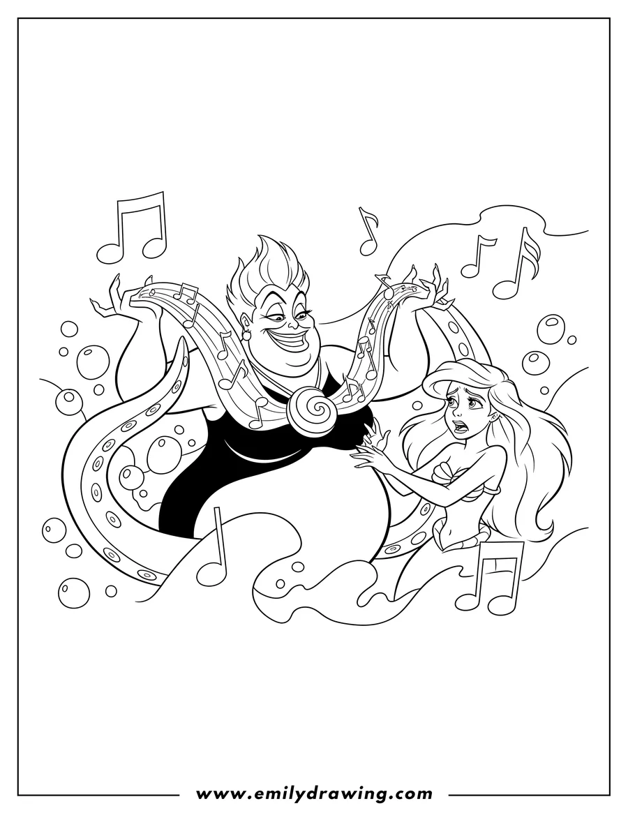 Line art of Ursula the sea witch with her tentacles outstretched, holding hands with Ariel the mermaid, with many music notes floating around them.