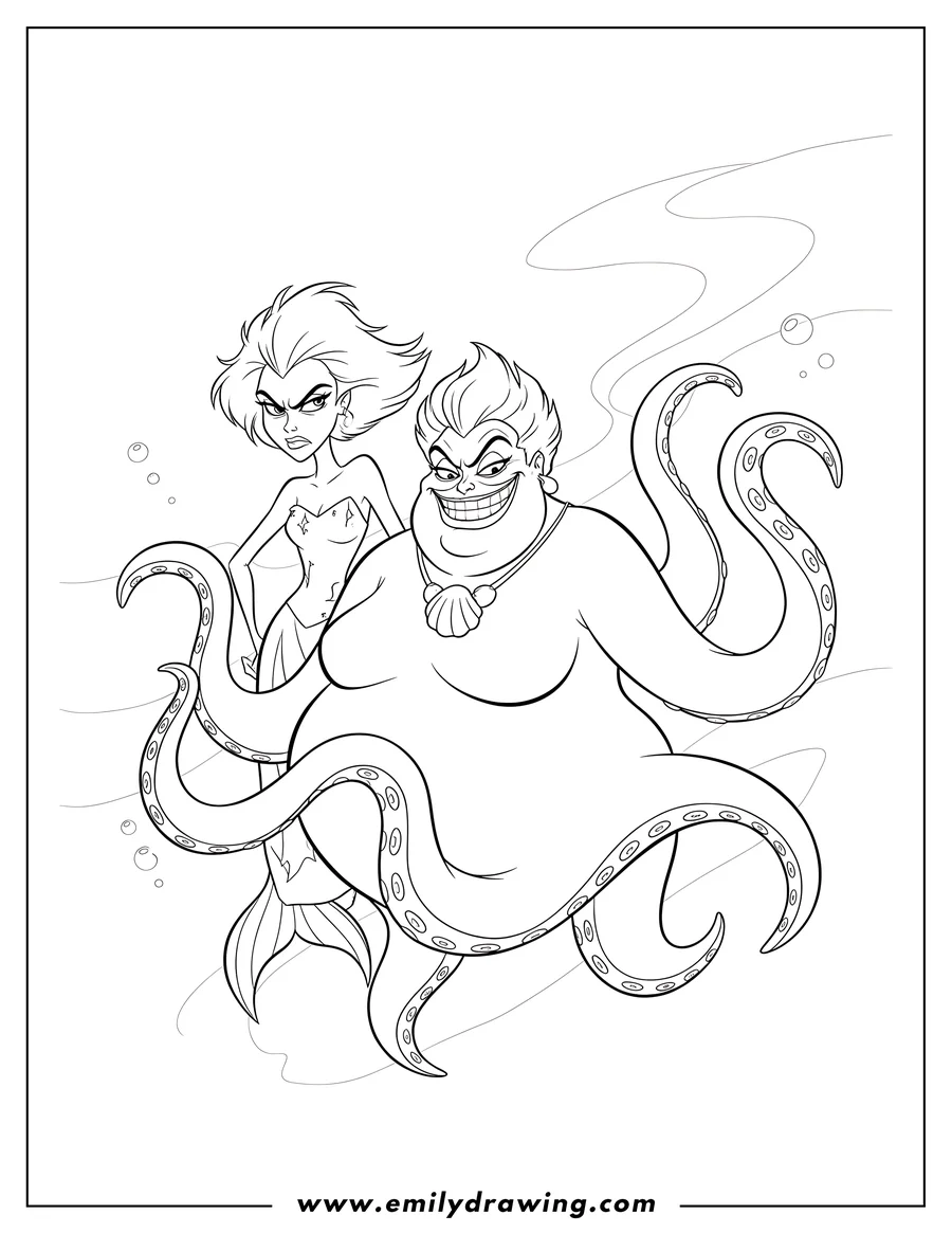 Line art of Ursula, the sea witch, with a big grin and tentacles, standing next to Morgana, who has a mermaid tail and an angry expression, all set in an underwater scene.