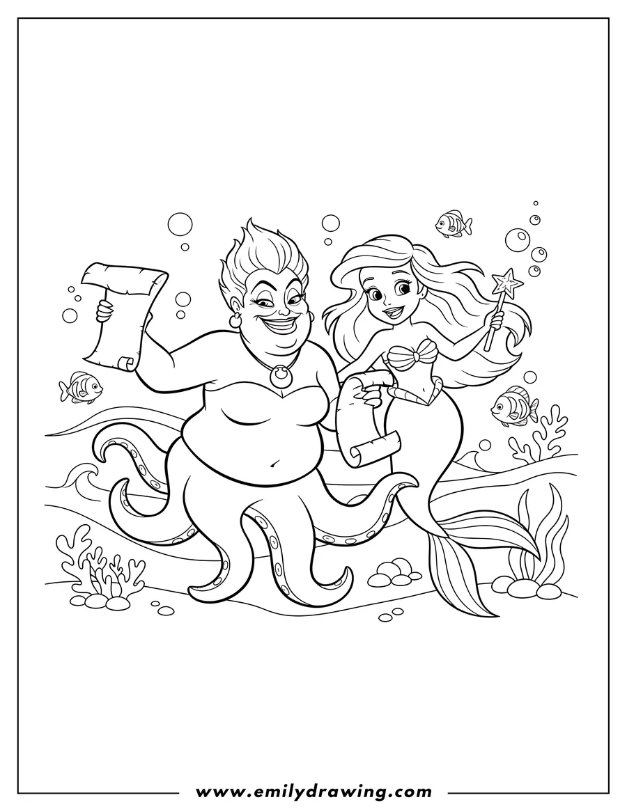 Line art of Ursula the sea witch and Princess Ariel the mermaid, both holding scrolls, in an underwater scene with fish and bubbles.