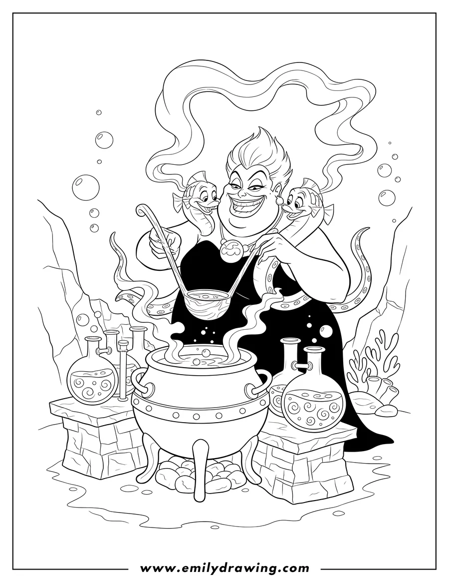 Line art of Ursula stirring a cauldron filled with a bubbling potion, flanked by her two pet eels, Flotsam and Jetsam, with laboratory beakers and jars on stone stands in the background, all set underwater.