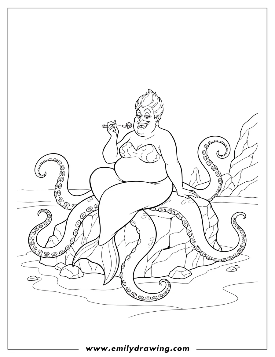 Line art of Ursula, the sea witch, sitting on a large rock with her tentacles wrapped around it, eating a small item with a fork.