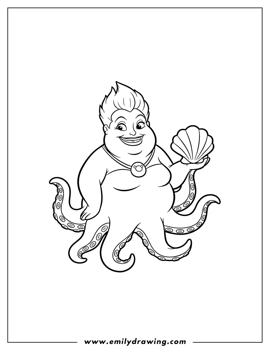 Line art of Ursula, the sea witch, with a wide grin, holding a seashell in one of her hands, with her tentacles spread out.