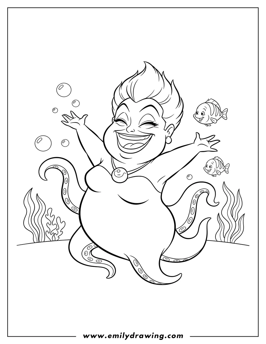 Outline of Ursula, the sea witch, laughing with her arms outstretched, surrounded by bubbles, two small fish, and seaweed in the ocean.