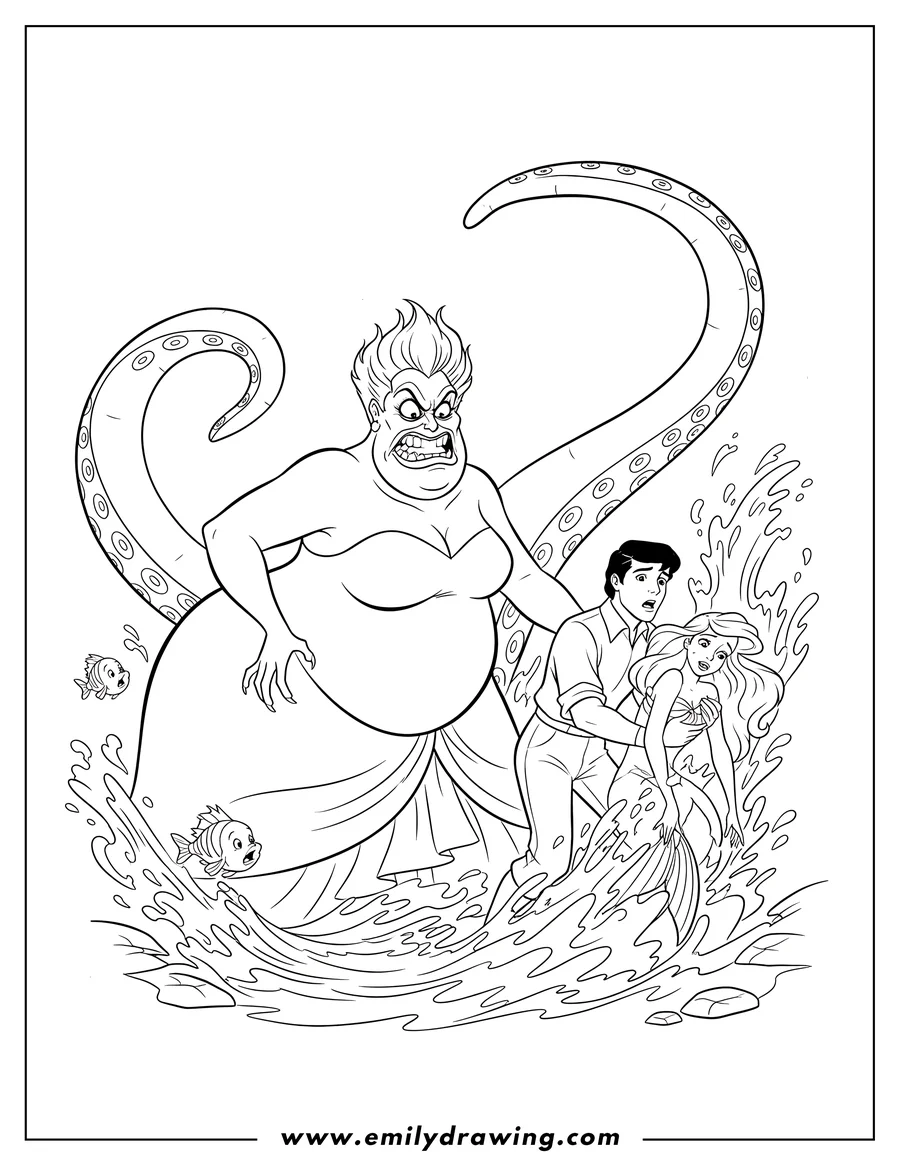 Line art of Ursula with an angry expression, large tentacles behind her, as Prince Eric holds Ariel in splashing water, with two small fish nearby.