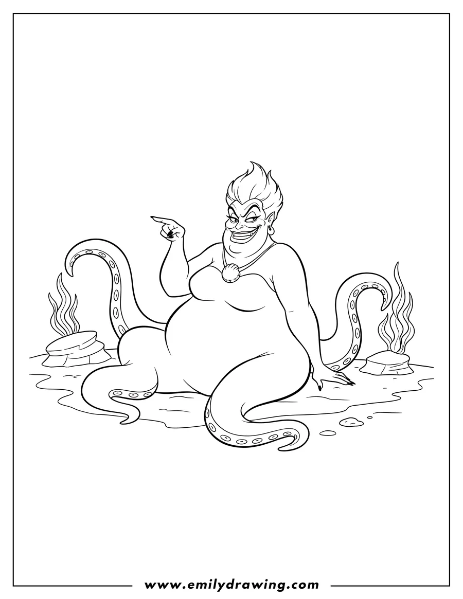 Line art of Ursula, the sea witch, sitting on the ground with her tentacles spread around her, pointing her finger with a mischievous grin. Underwater plants and rocks are nearby.