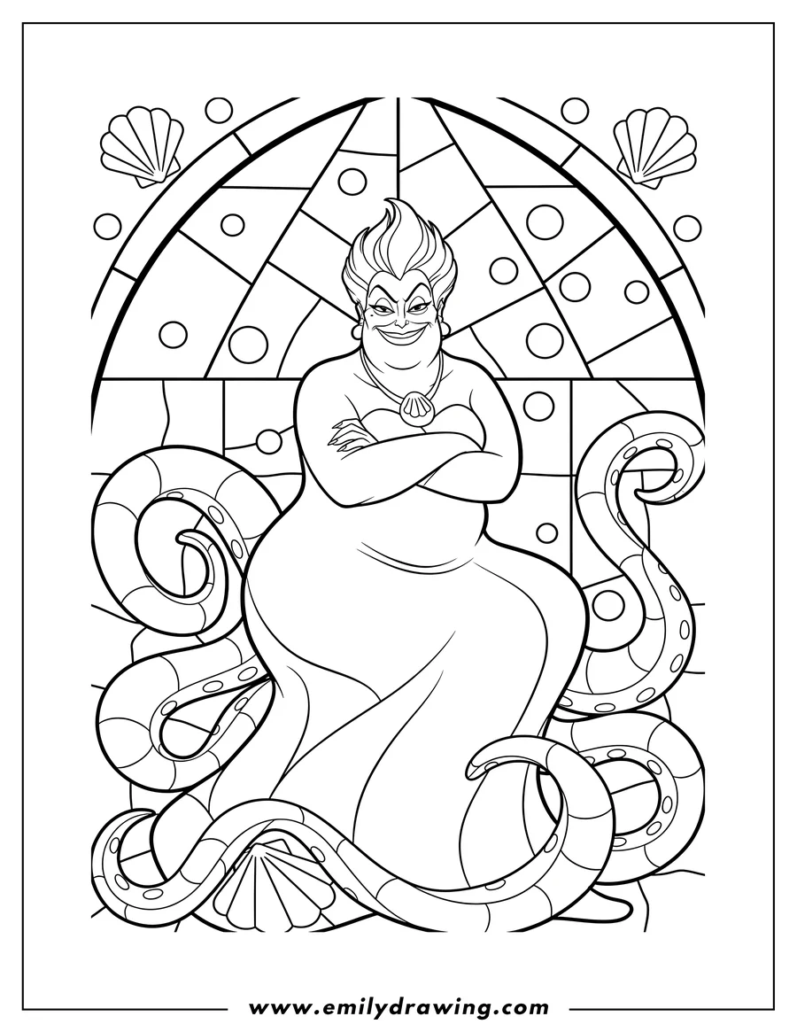 Line art of Ursula with a smirk, her arms crossed, surrounded by her octopus tentacles and decorative seashells in the background.