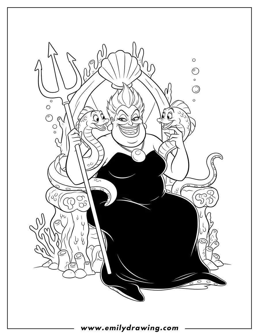 Line art of Ursula, the sea witch, sitting on her elaborate shell-backed throne, holding a trident. Her two eel companions flank her, and coral and bubbles are visible around the throne.
