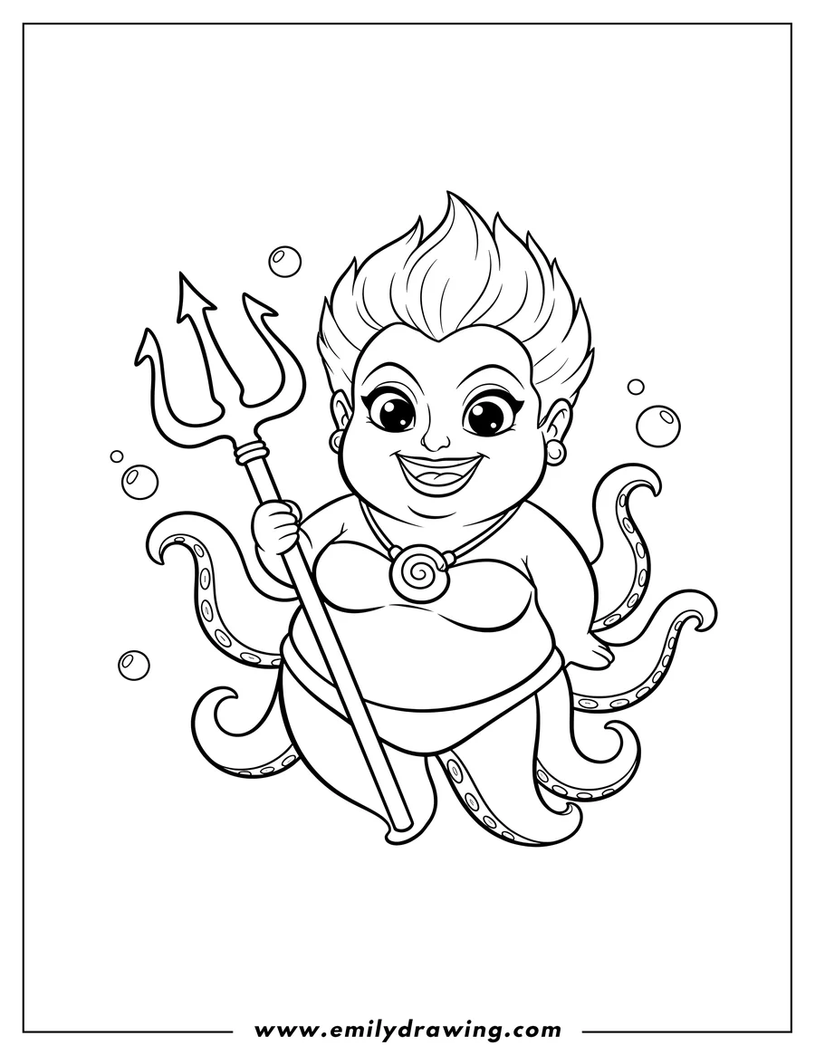 Line art of a cartoon-style Ursula, the sea witch, with a big smile, holding a trident, and surrounded by floating bubbles.