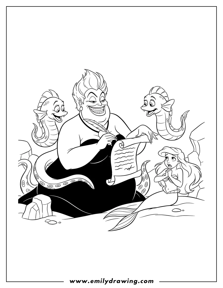 Line art of Ursula the sea witch with a wicked grin, writing on a scroll with a quill pen. Ariel the mermaid sits nearby looking distressed, with two eel-like creatures flanking Ursula.