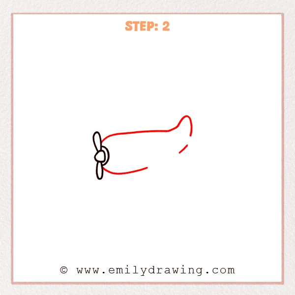 how to draw an airplane - Step 2: The propeller connects to a rounded airplane fuselage outline.