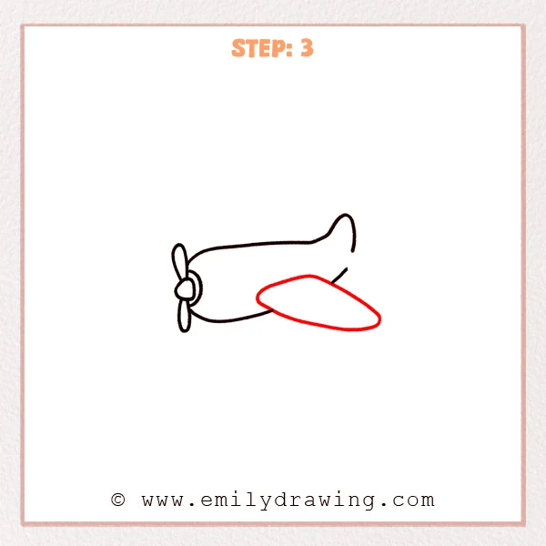 how to draw an airplane - Step 3: A large right main wing is added to the lower side of the airplane body.