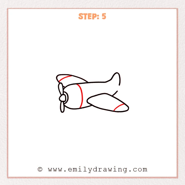how to draw an airplane - Step 5: A curved nose cowl is added behind the propeller, plus a wing-tip edge line.