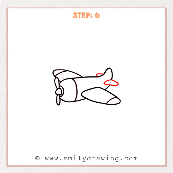 how to draw an airplane - Step 6: A vertical tail fin and a small horizontal tail wing are added to the airplane’s back.