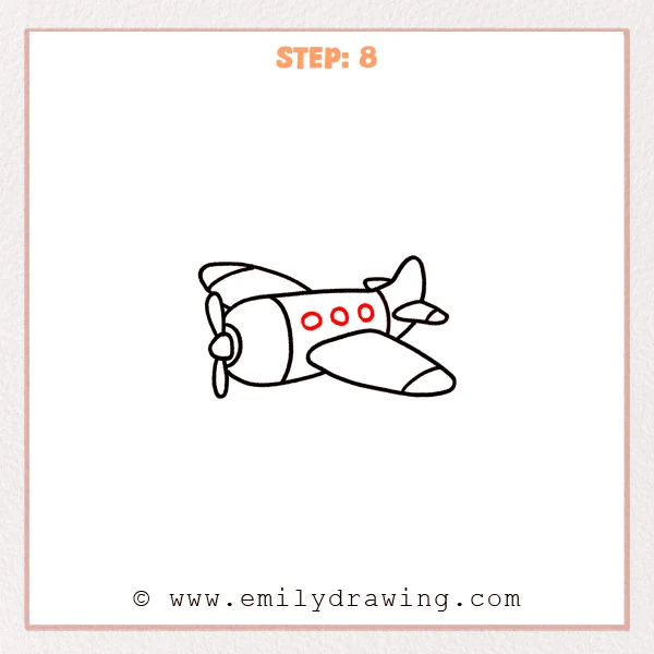 how to draw an airplane - Step 8: Three evenly spaced round windows are added on the airplane fuselage.