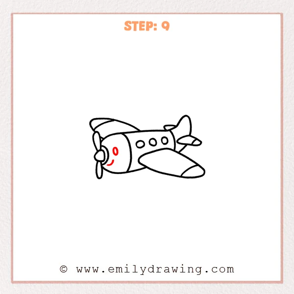 how to draw an airplane - Step 9: A cute eye and smile are added to the airplane nose to finish the drawing.