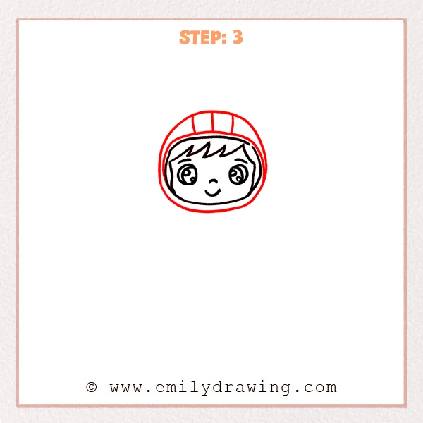 how to draw an astronaut - Step 3: Astronaut helmet added with a visor window and a thick outer rim.