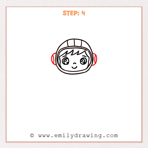 how to draw an astronaut - Step 4: Astronaut helmet completed with a dome, panel lines, and side ear pods.