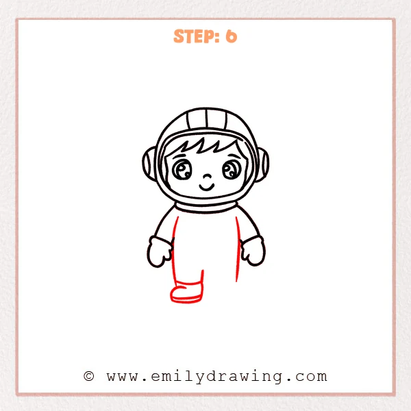 how to draw an astronaut - Step 6: Astronaut lower body started with one leg and a rounded boot.