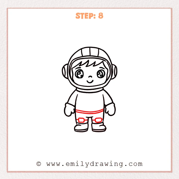 how to draw an astronaut - Step 8: Astronaut suit refined with a waist band and simple leg pockets.