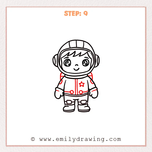 how to draw an astronaut - Step 9: Finished astronaut drawing with suit details, a star badge, backpack, and bold outlines.