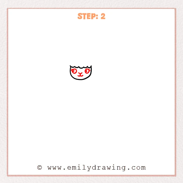 how to draw an alpaca - Step 2: The alpaca face now has large eyes, a small nose, and a simple mouth.