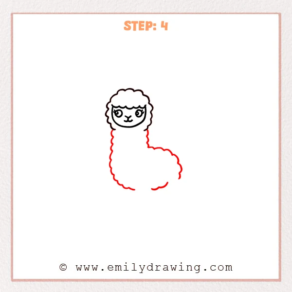 how to draw an alpaca - Step 4: The alpaca gains a long fluffy neck and a large cloud-shaped body outline.