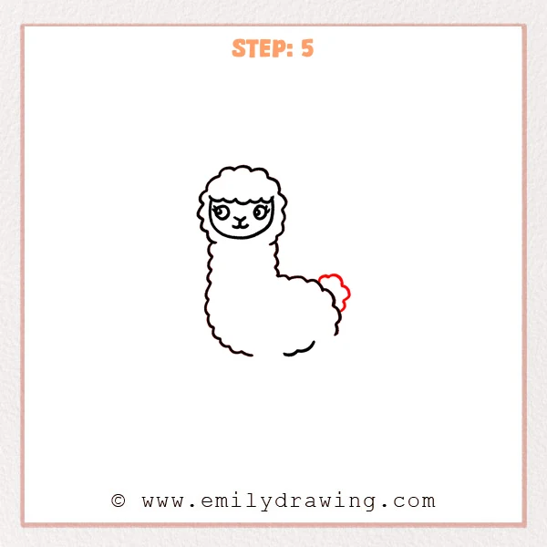 how to draw an alpaca - Step 5: A small fluffy tail puff is added to the back of the alpaca’s body.