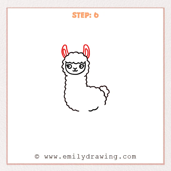 how to draw an alpaca - Step 6: Two tall ears with inner ear lines appear on top of the alpaca’s head.