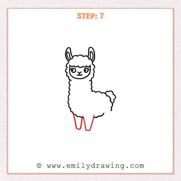 how to draw an alpaca - Step 7: Two front legs are drawn under the fluffy alpaca body.