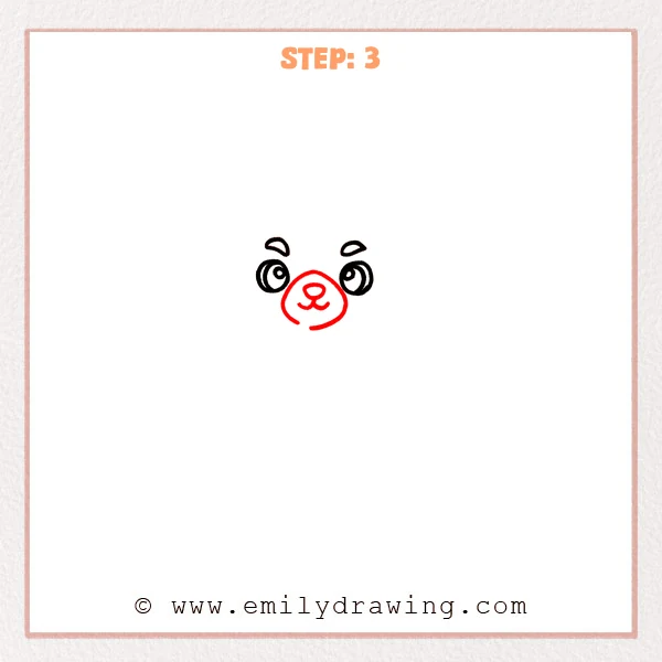 how to draw an animals - Step 3: A rounded muzzle with a small nose and mouth appears in the animals drawing.