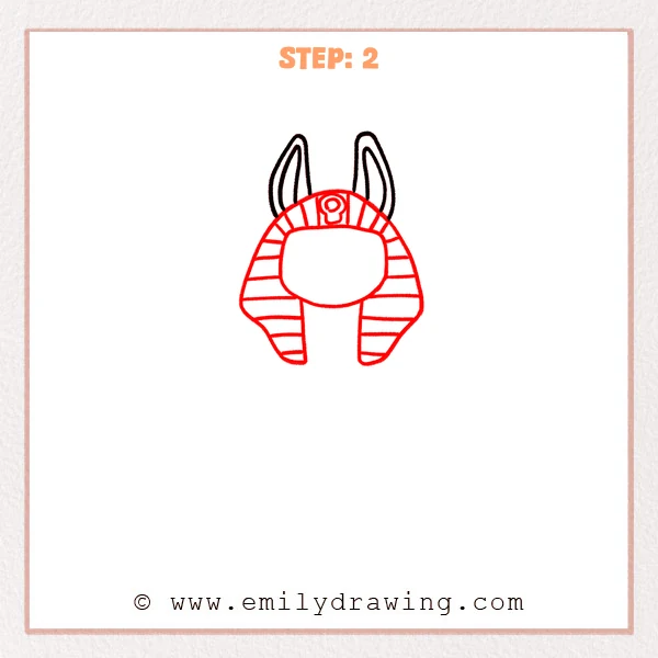 how to draw an anubis - Step 2: The striped headdress shape and a rounded face opening are added to the Anubis sketch.
