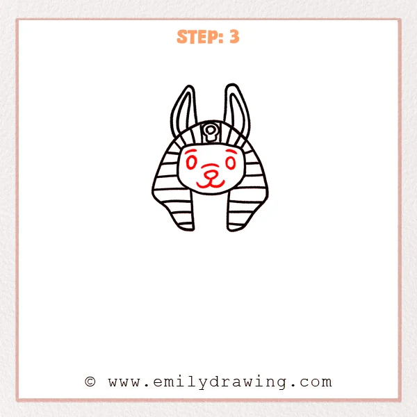 how to draw an anubis - Step 3: Eyes, brows, nose, and mouth are added to form a friendly Anubis face.