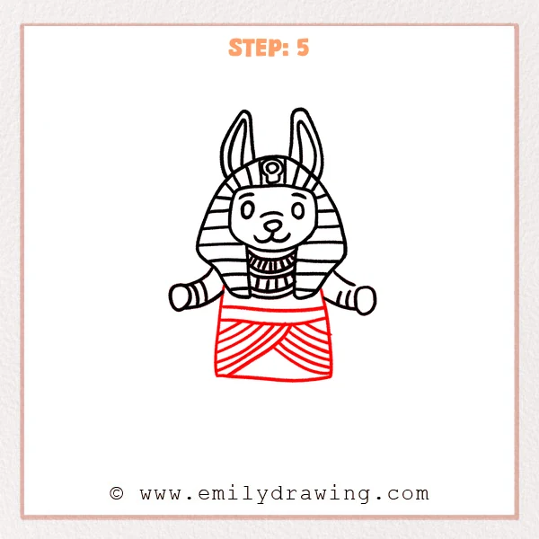 how to draw an anubis - Step 5: The Anubis torso is outlined and striped clothing details are added.