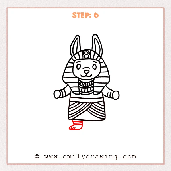 how to draw an anubis - Step 6: The lower garment is drawn with crossed fabric lines in the Anubis drawing.