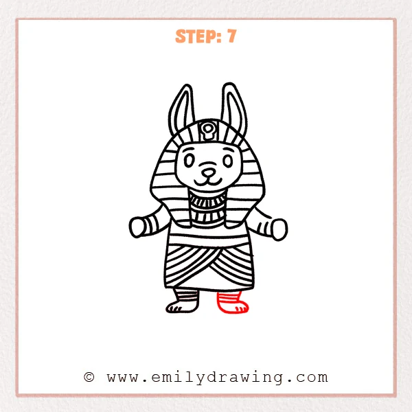 how to draw an anubis - Step 7: Short legs and rounded feet are added to complete the Anubis body base.