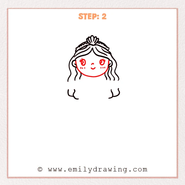 how to draw an aphrodite - Step 2: Aphrodite face details are added inside the hair, including eyes and a small smile.