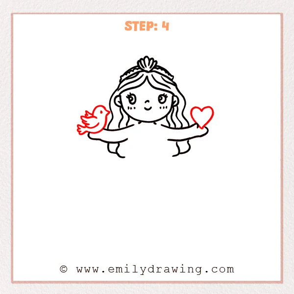 how to draw an aphrodite - Step 4: A small bird on one arm and a heart in the other hand are added to Aphrodite.