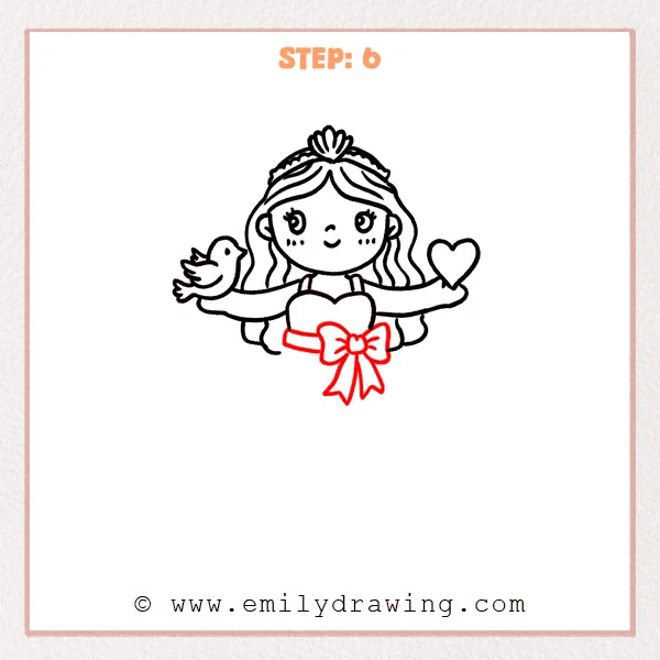 how to draw an aphrodite - Step 6: A waist belt and a large bow with ribbon tails are added to Aphrodite.